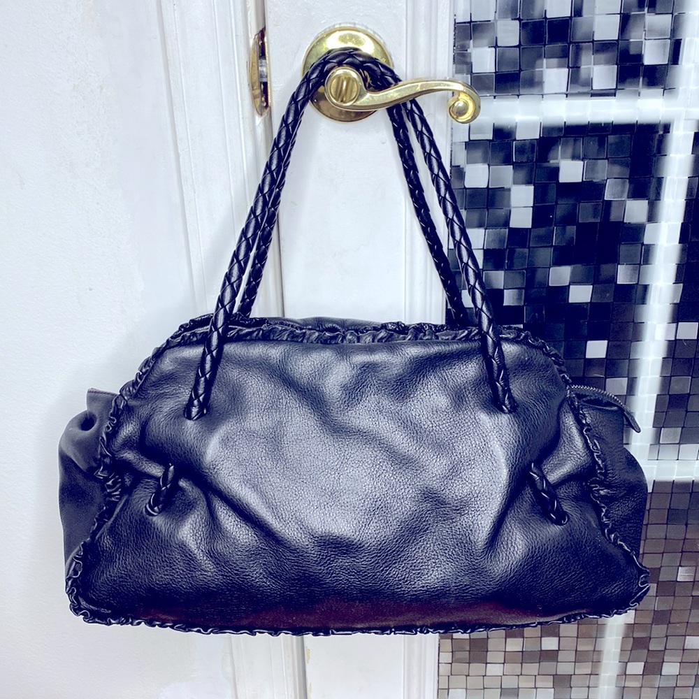 💕 Furla black Italian leather large braided satchel bag 💕